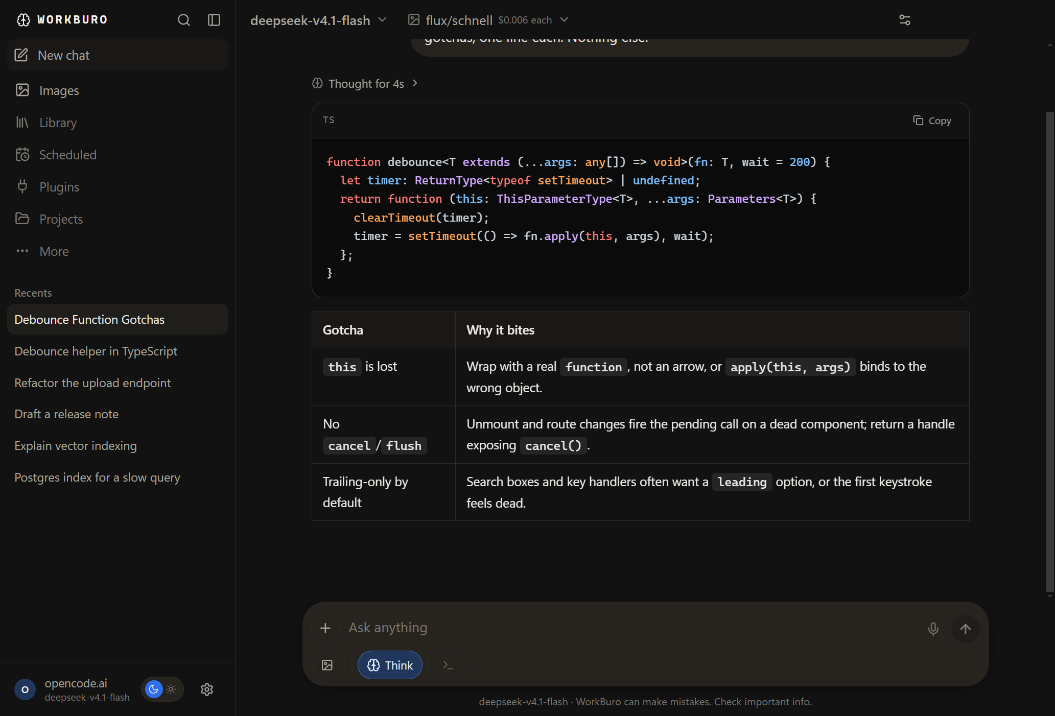 The WorkBuro window, showing a streamed answer with markdown headings, a code block, a table and a collapsed thinking block.